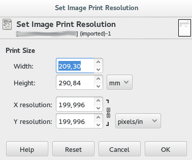 GIMP Dialog Print Size